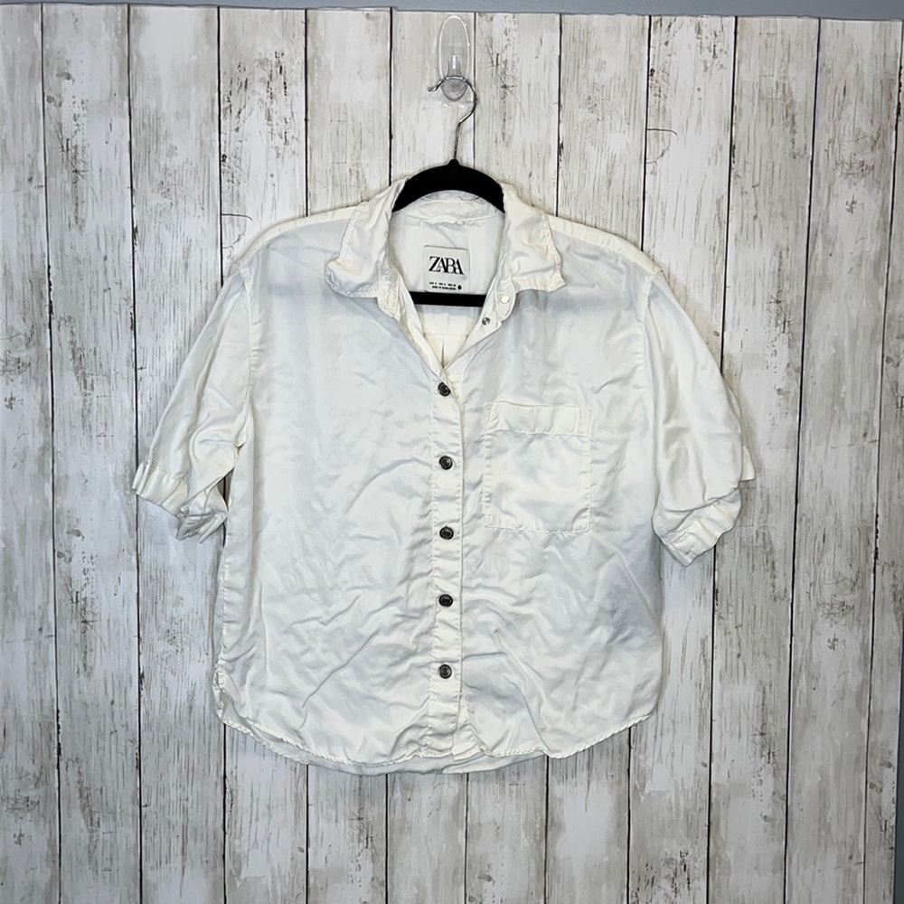 Zara Button Up Short Sleeve Pocket Shirt Top Ivory Size Small Lyocell